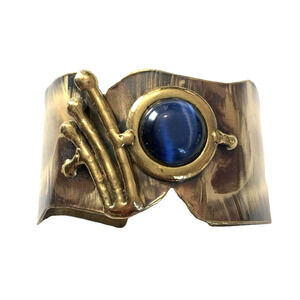 Vintage Brutalist Wide Cuff Bracelet Modernist Patinated Brass w/ Blue Cabochon